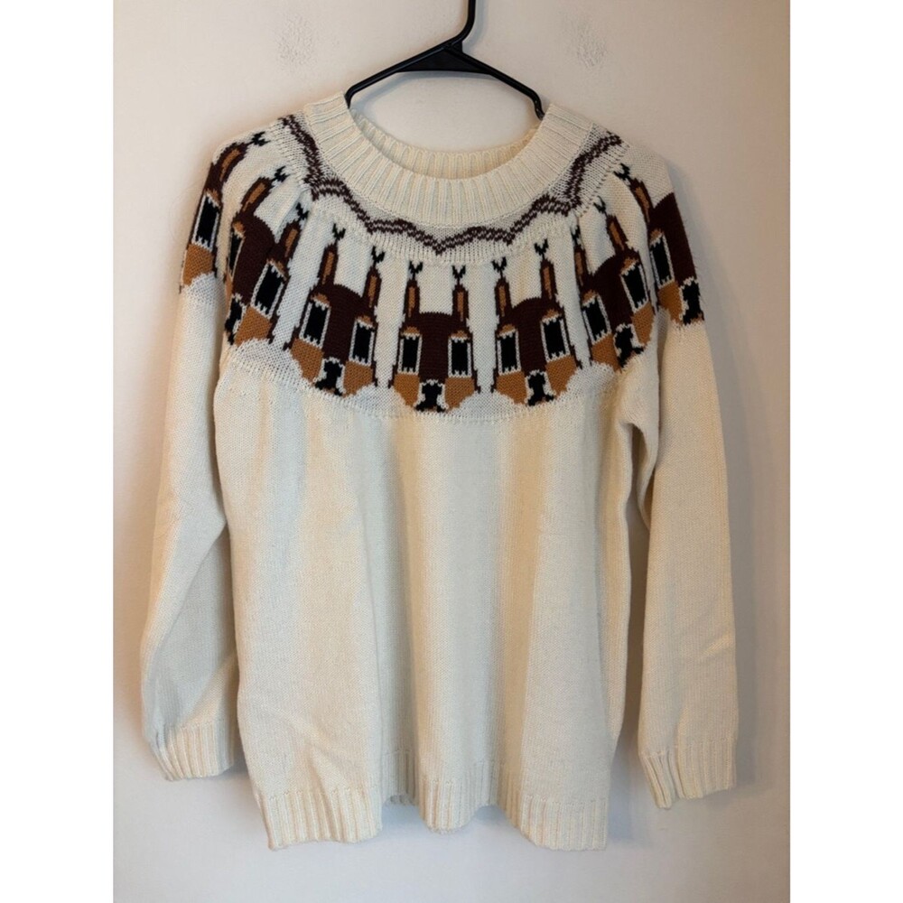 Fair Isle women’s cream white Yoke novelty chipmunk Sweater holiday medium knit